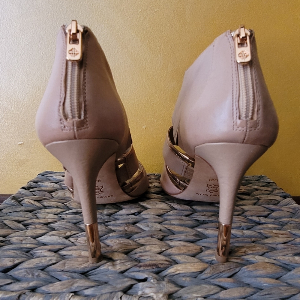 ANTONIO MELANI Blush Pink and Gold Strappy Peep-Toe Heels - Picture 3 of 7